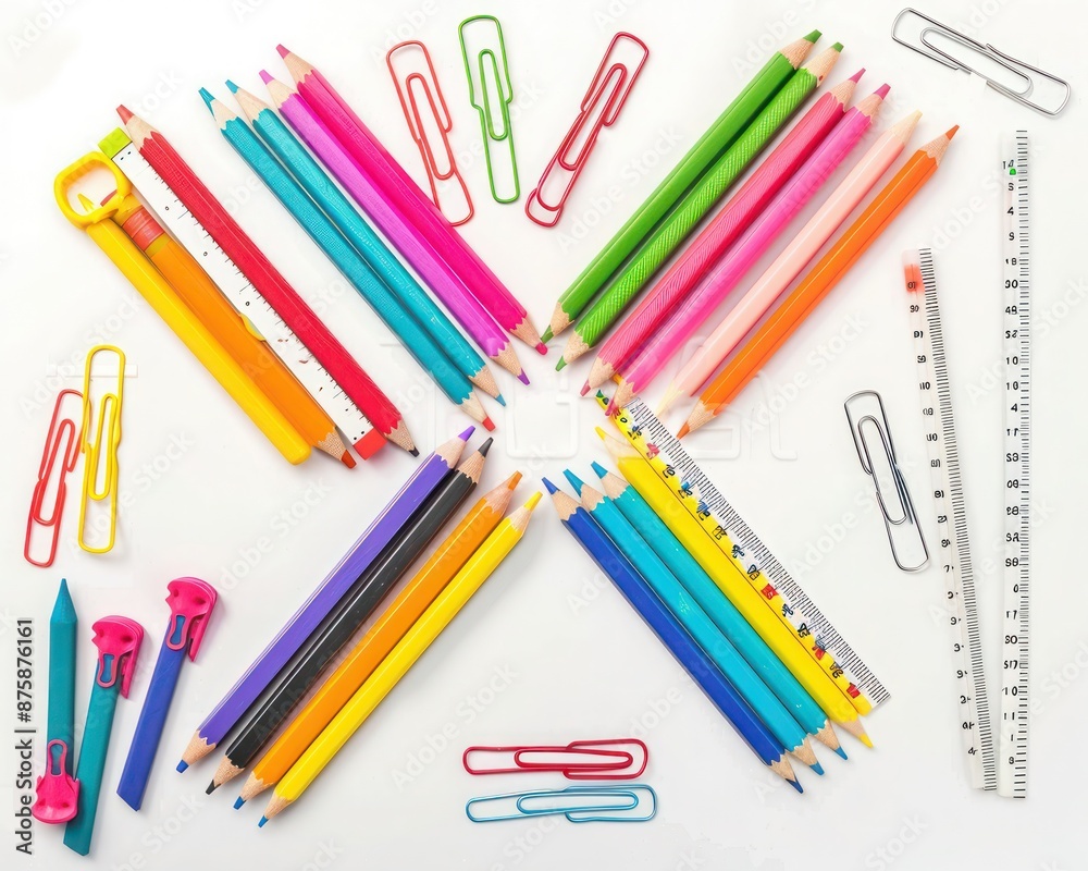 Educational and creative themes in Y layout of school supplies on a white background, Educational and creative themes in Y layout of school supplies on a white background,