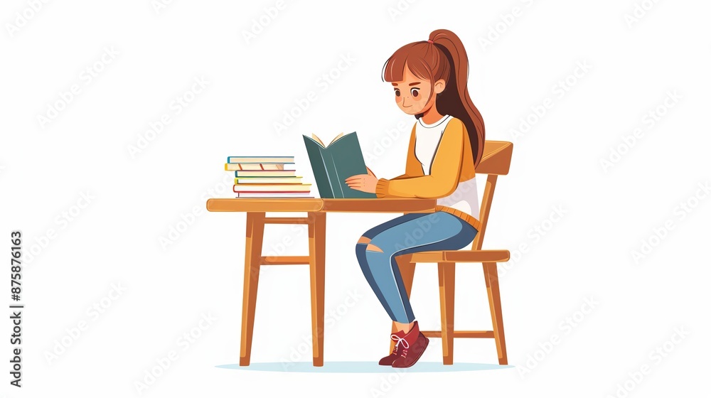 Illustration of a beautiful schoolgirl sitting while reading a book isolated on a white background Illustration of a beautiful schoolgirl sitting while reading a book isolated on a white background