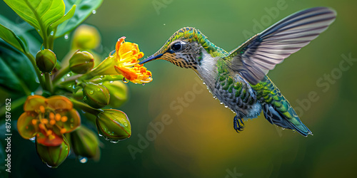 Hummingbird Feeding on Nectar in Flight