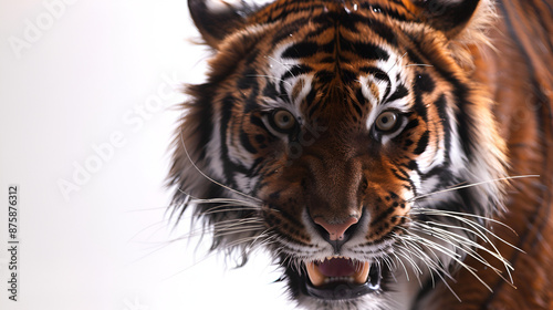 Ferocious tiger head on black background, Portrait of a tiger with open mouth on background detailed shot of a tigers long, sharp fangs, portrait of a tiger with open mouth on background 