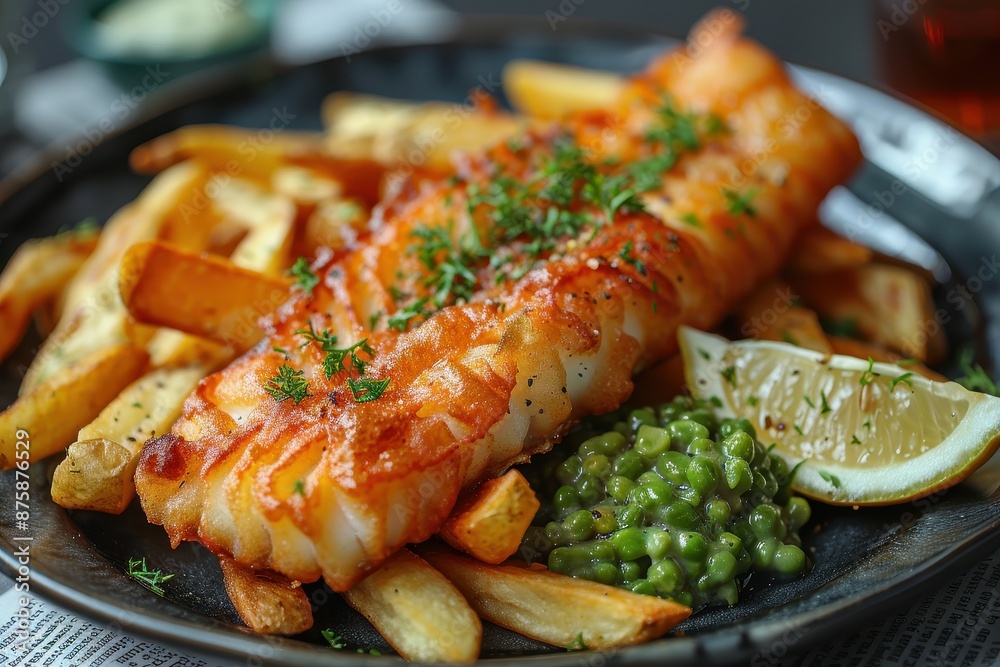 A classic fish and chips dish featuring golden-brown battered cod fillets, chunky chips, mushy peas, and a wedge of lemon on a newspaper print. A classic fish and chips dish featuring golden-brown battered cod fillets, chunky chips, mushy peas, and a wedge of lemon on a newspaper print.