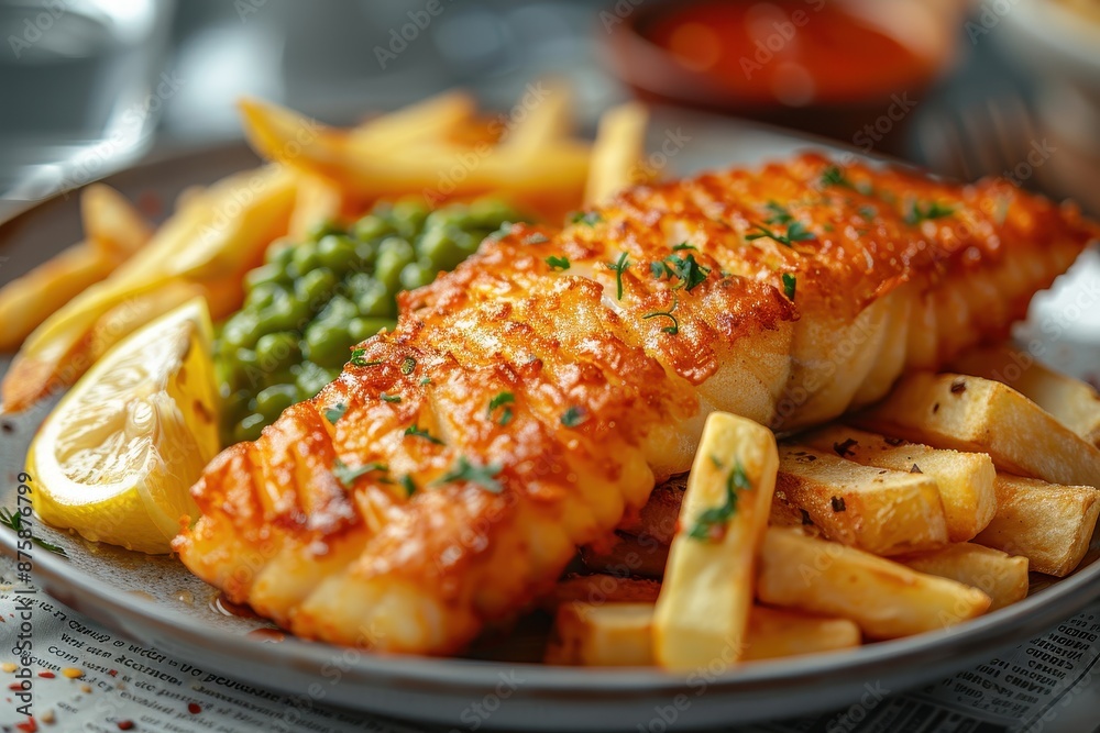 A classic fish and chips dish featuring golden-brown battered cod fillets, chunky chips, mushy peas, and a wedge of lemon on a newspaper print. A classic fish and chips dish featuring golden-brown battered cod fillets, chunky chips, mushy peas, and a wedge of lemon on a newspaper print.