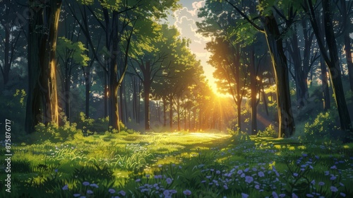 Scenic anime forest landscape with vibrant colors and sunlight streaming through the trees