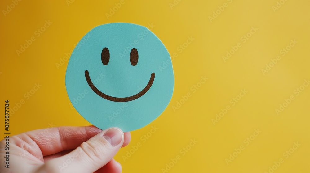 Hand Holding Blue Paper Smiley Face Symbol on Yellow Background Representing Positive Interaction Concept, Happy Emoji for Good Customer Experience, Creative Mental Health Care Ideas in Pastel Color Hand Holding Blue Paper Smiley Face Symbol on Yellow Background Representing Positive Interaction Concept, Happy Emoji for Good Customer Experience, Creative Mental Health Care Ideas in Pastel Color