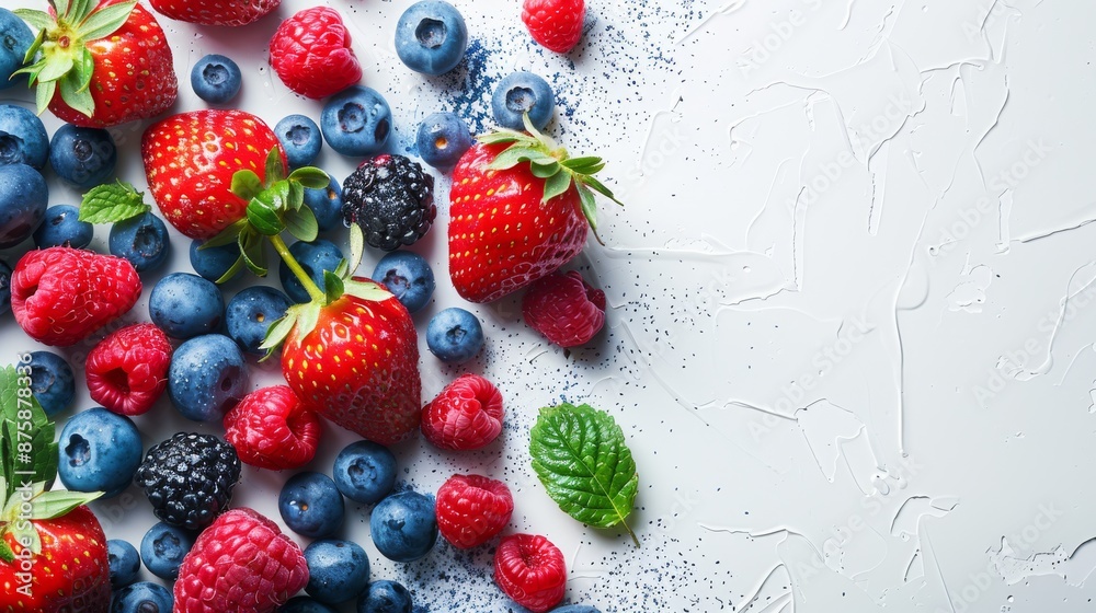 Colorful fresh ripe blueberries, strawberries, raspberries, and blackberries scattered on white concrete background Colorful fresh ripe blueberries, strawberries, raspberries, and blackberries scattered on white concrete background