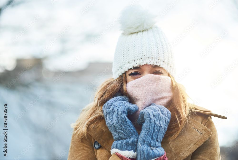 Portrait, snow and girl with gloves, scarf or winter fashion for cold weather and climate in park in Norway. Travel, break and woman tourist on holiday vacation freezing in nature and outdoor ice Portrait, snow and girl with gloves, scarf or winter fashion for cold weather and climate in park in Norway. Travel, break and woman tourist on holiday vacation freezing in nature and outdoor ice