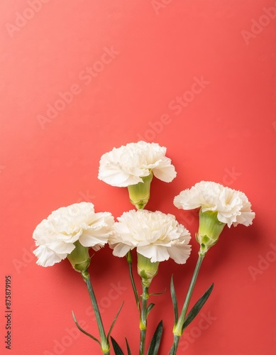 White Carnations on Pink or Red Background - Beautiful Flowers for Spring - Colored Carnation - Background for Mother's Day, Woman's Day, Valentine's Day or Birthday - Space for Copy or Text © Eggy