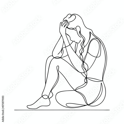 a stressed woman sitting on the floor, holding her head. line art vector illustration isolated on a white background