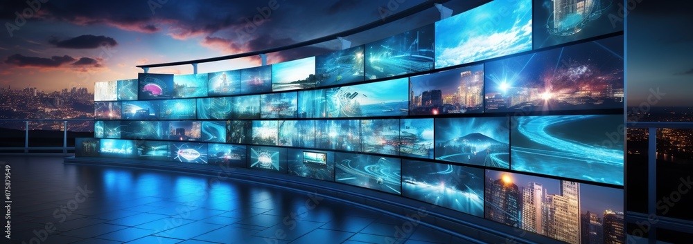 Fototapeta premium Wall of Screens Displaying Urban Landscapes and Abstract Visuals