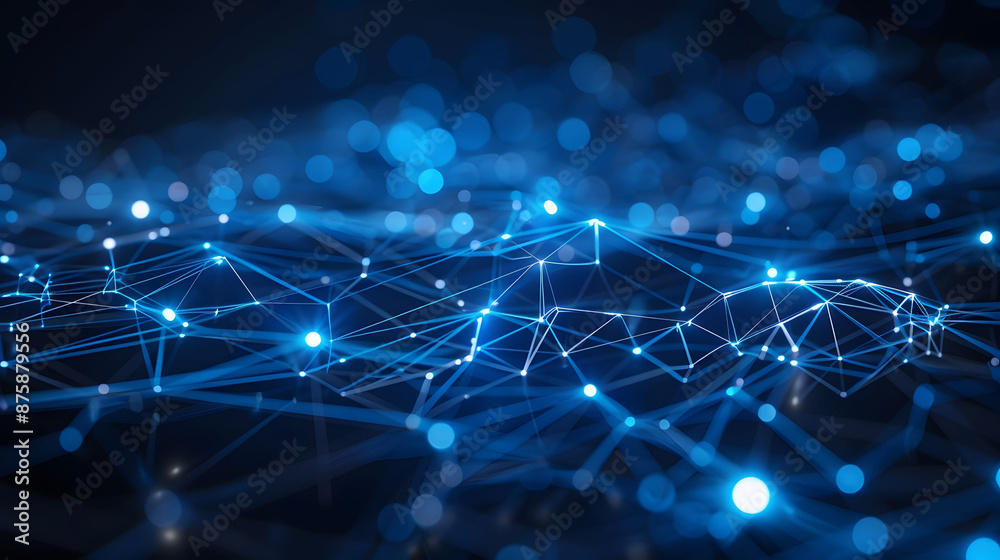Abstract network of glowing blue nodes and lines on a dark background, representing technology and connectivity.