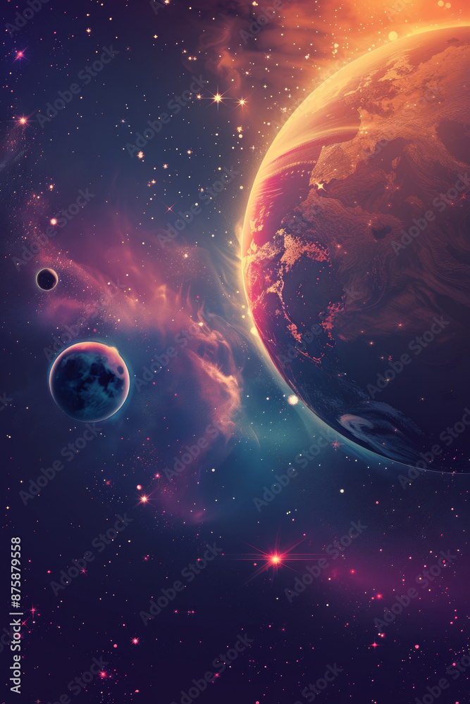 Obraz premium planet with shine stars and satelites around dark space background, orange, blue and purple, flat illustration