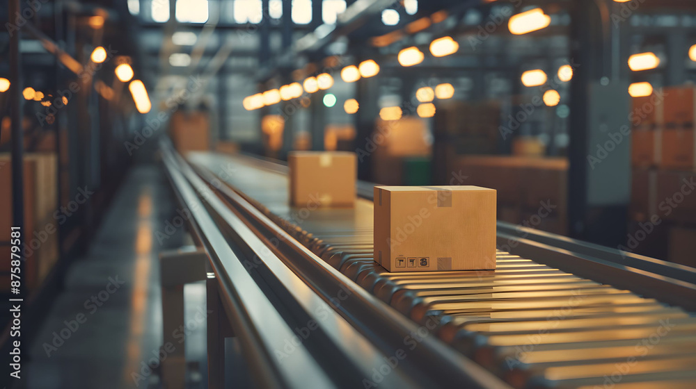 Cardboard boxes on conveyor belt in modern warehouse facility. Efficient automated packaging and shipping system. Cardboard boxes on conveyor belt in modern warehouse facility. Efficient automated packaging and shipping system.