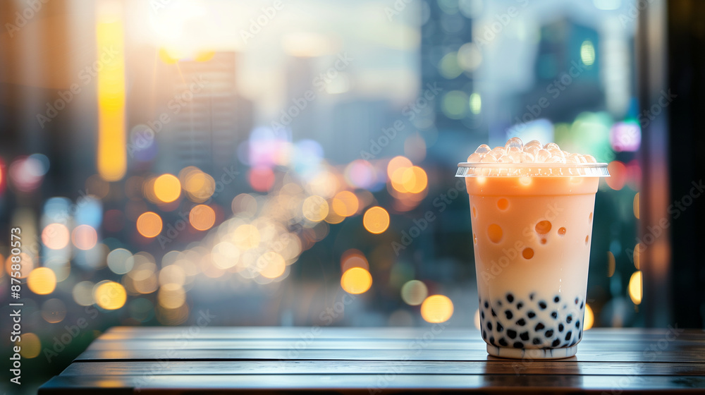 Close-up photo of a bubble coffee on a wooden table in cafe with blurred city on the background Close-up photo of a bubble coffee on a wooden table in cafe with blurred city on the background