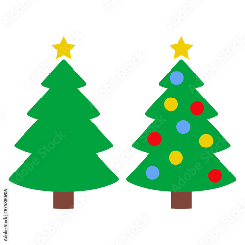 Tiempo de Navidad. Logo con silueta de árbol de navidad tipo pino o abeto con estrella y bolas de navidad para tarjetas y felicitaciones