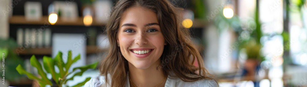 Cheerful woman working on laptop in modern office, smiling at camera. Positive and professional atmosphere. Cheerful woman working on laptop in modern office, smiling at camera. Positive and professional atmosphere.