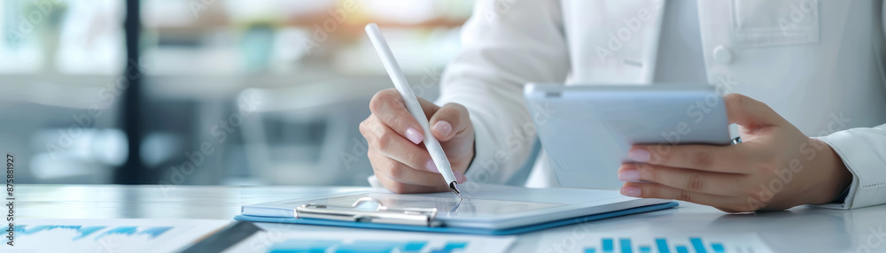 Fototapeta premium Businesswoman using smart pen and digital notebook for note-taking.