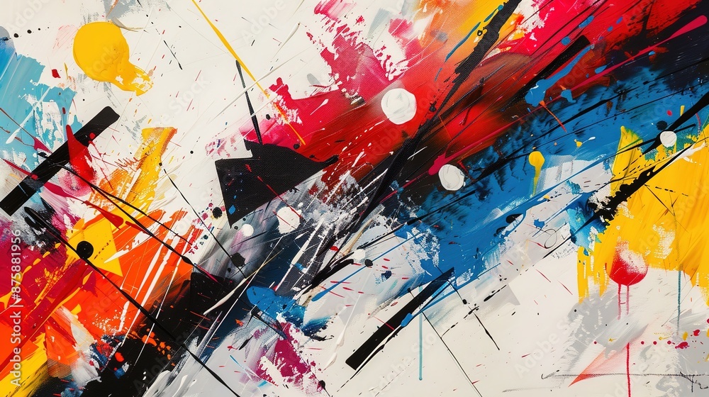 Fototapeta premium Vibrant Abstract Art with Geometric Figures and Colorful Paint Splatters