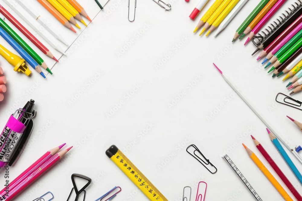 Professional and clean Y layout of school supplies on white for educational themes, Professional and clean Y layout of school supplies on white for educational themes,