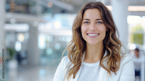 Bright smile businesswoman in modern office exudes confidence and professionalism. Free Download Bright smile businesswoman in modern office exudes confidence and professionalism. - GFXLoad