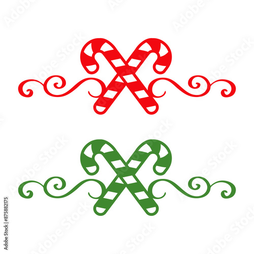 Logo candy cane de navidad. Silueta de 2 bastones de caramelo cruzados con línea de decoración de caligrafía como marco para tarjetas y felicitaciones