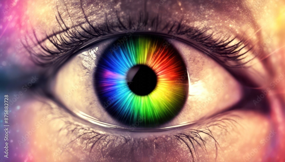 Close up of a human eye with a vibrant rainbow iris. The eye is looking directly at the viewer Close up of a human eye with a vibrant rainbow iris. The eye is looking directly at the viewer