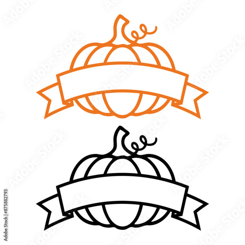 Logo con bandera de cinta sobre silueta de calabaza con líneas para felicitaciones y tarjetas