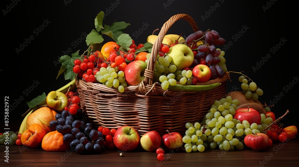 Rustic wicker basket overflowing with colorful fresh fruits and vegetables, farm harvest display on wooden table background. Organic healthy eating concept with assorted seasonal produce in natural se Rustic wicker basket overflowing with colorful fresh fruits and vegetables, farm harvest display on wooden table background. Organic healthy eating concept with assorted seasonal produce in natural se