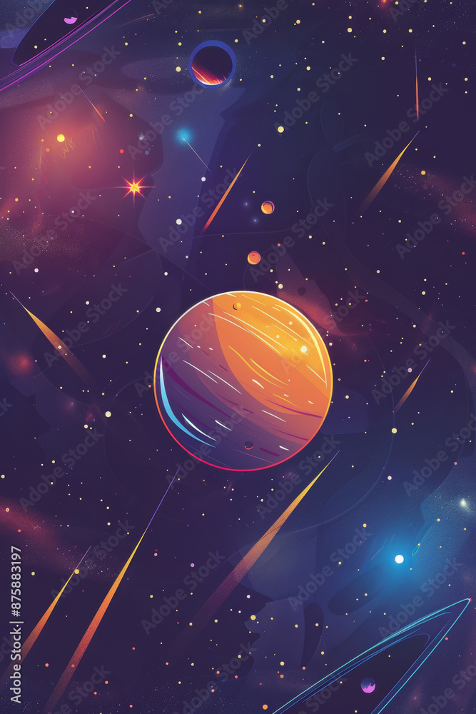 Fototapeta premium planet with shine stars and satelites around dark space background, orange, blue and purple, flat illustration