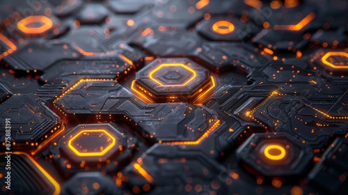 Futuristic Glowing Hexagonal Sci-Fi Circuit Board With Orange Backlit Light photo