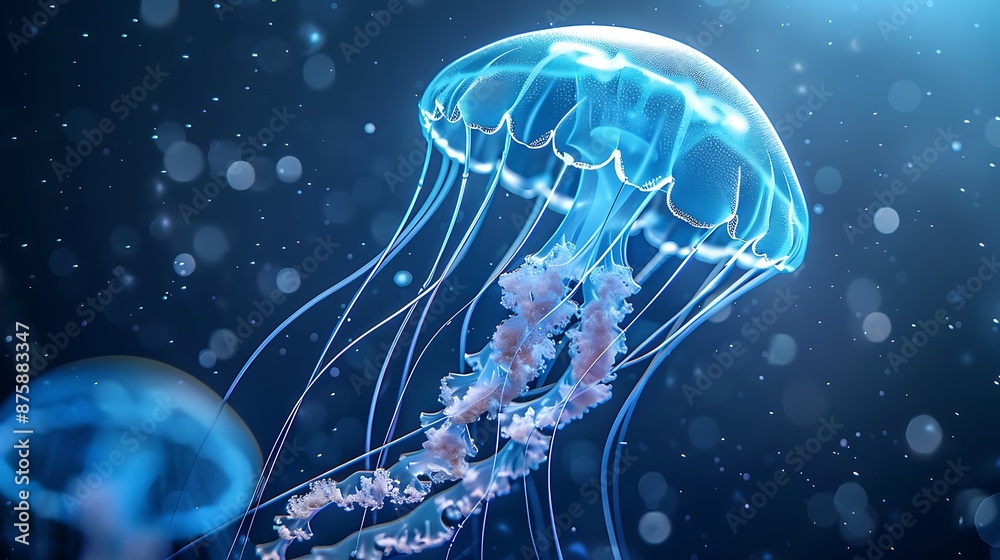 Glowing blue jellyfish drifting in the ocean very detailed and realistic shape Glowing blue jellyfish drifting in the ocean very detailed and realistic shape