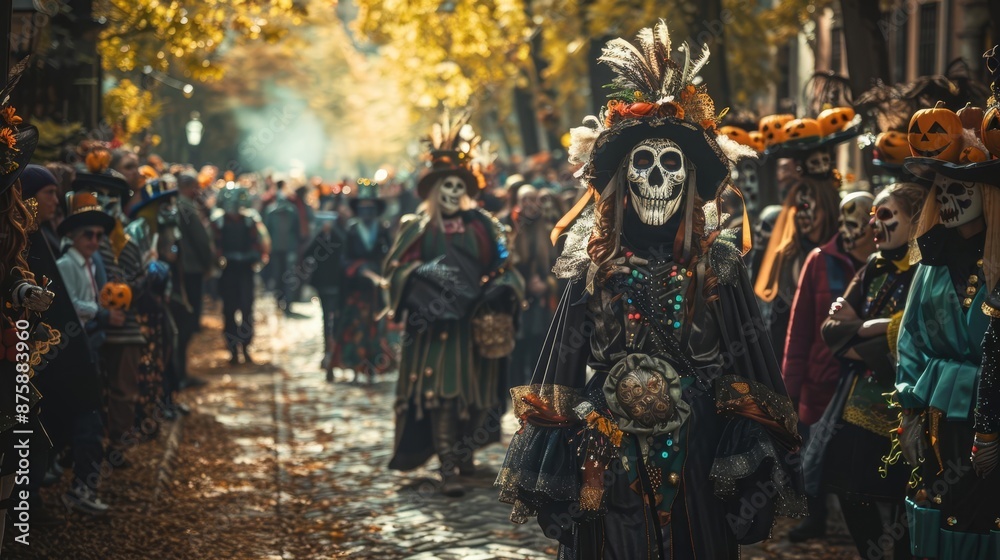 A detailed shot of a Halloween costume parade, with participants in creative costumes marching down a street lined with spectators, high detail A detailed shot of a Halloween costume parade, with participants in creative costumes marching down a street lined with spectators, high detail