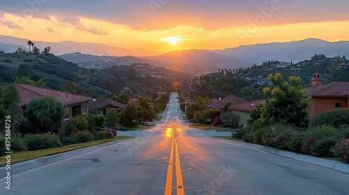 A breathtaking view of a sunset descending over a scenic valley road lined with houses and lush gardens, all under a warm golden sky. photo