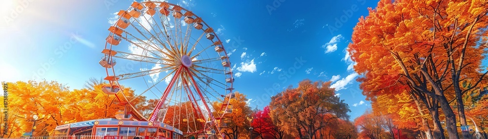 A picturesque scene of a Ferris wheel at an autumn festival, with fall foliage in the background and a clear blue sky, creating a festive atmosphere, high detail A picturesque scene of a Ferris wheel at an autumn festival, with fall foliage in the background and a clear blue sky, creating a festive atmosphere, high detail