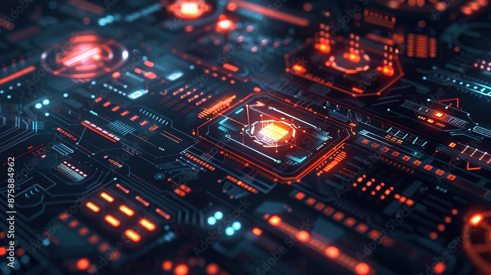 Illuminated Tech Symbols on Dark Background - Futuristic High-Tech Concept with Glowing Data Elements