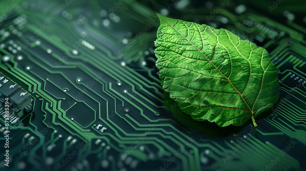 Green leaf against the backdrop of a circuit board very detailed and realistic shape Green leaf against the backdrop of a circuit board very detailed and realistic shape