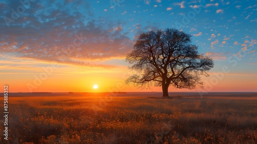Lonely Tree in a Field of Flowers During Sunset