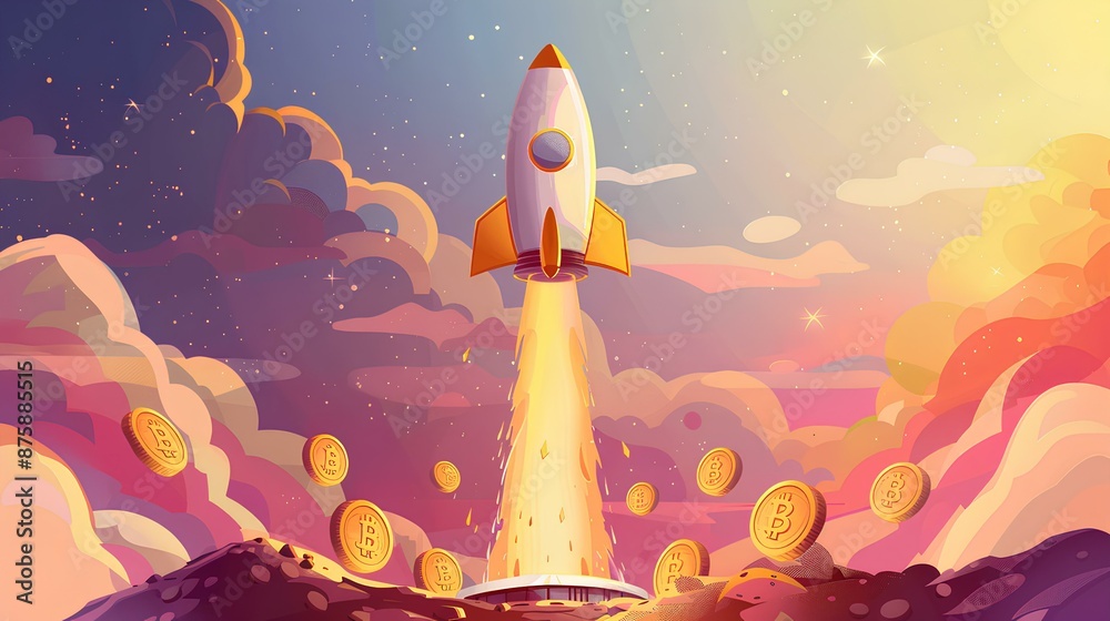 background colorful illustration of a rocket with Bitcoin background colorful illustration of a rocket with Bitcoin