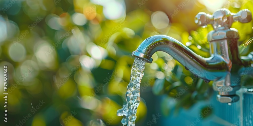 Water Flowing from a Faucet in a Lush Green Garden Water Flowing from a Faucet in a Lush Green Garden