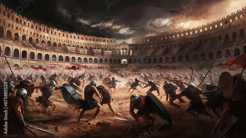 The painting reproduces the chaos of battle in an ancient arena.