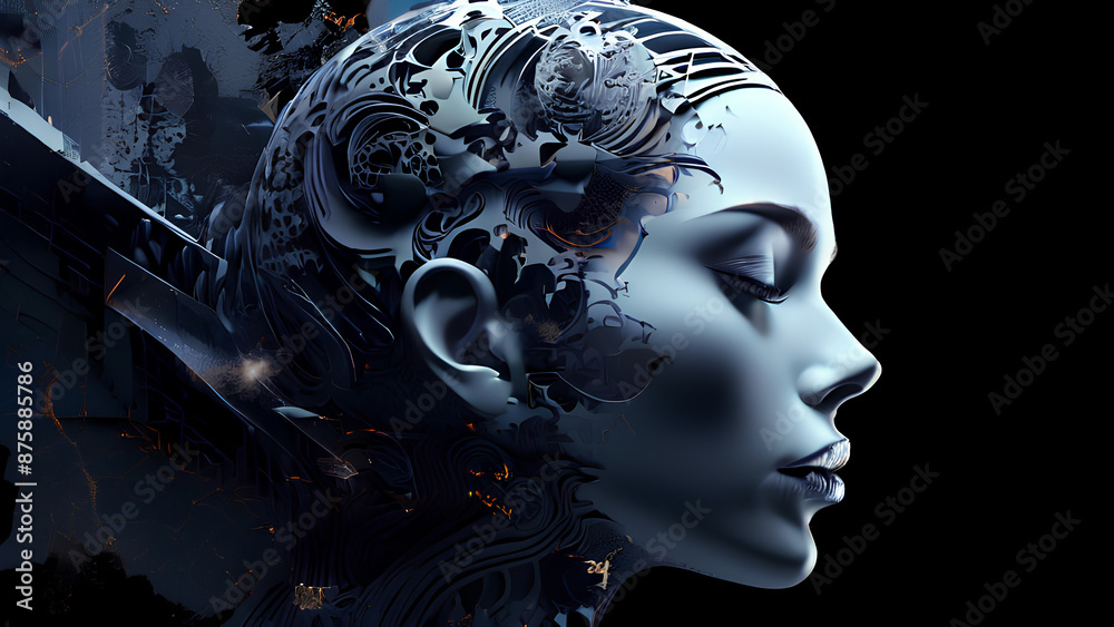 Bold and beautiful! An abstract artwork portrays a woman's face in shades of black Bold and beautiful! An abstract artwork portrays a woman's face in shades of black