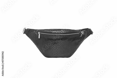 Fashion unisex business Office Waist Belt Bag isolated White Background. Black Leather Banana Bag, waist bag, bumbag with zipper for men women. Front view. Template, mock up. clipping path included. photo