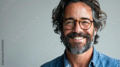 Portrait of a smiling middle-aged man with beard and glasses looking at the camera
