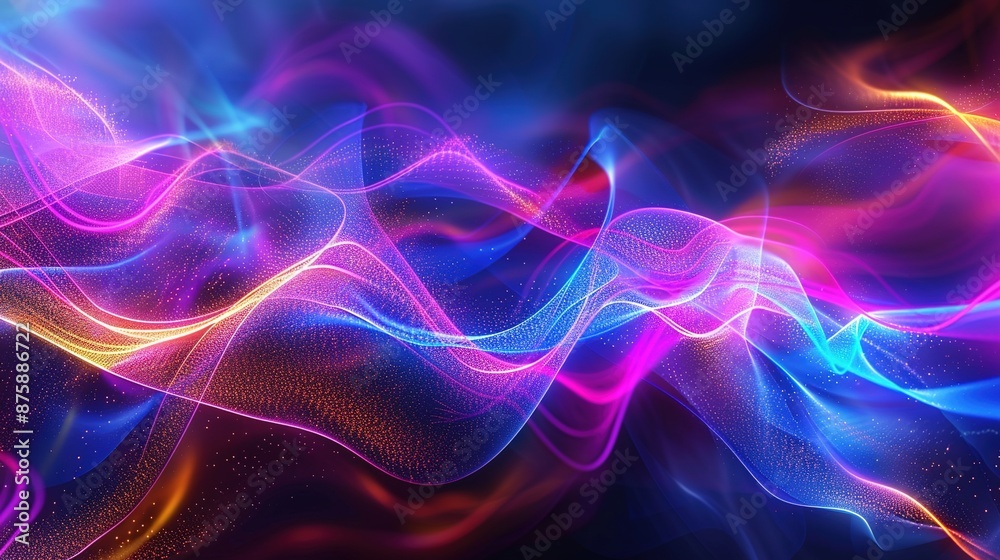Fototapeta premium Luminous Neon Waves: Dynamic Flow on Dark Abstract Background