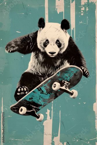 Cheerful panda is riding skateboard over green background and yellow brush strokes, Illustration poster, Funky style