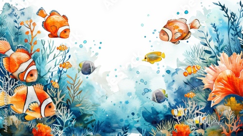 Fototapeta Naklejka Na Ścianę i Meble -  Watercolor painting of a vibrant coral reef with tropical fish