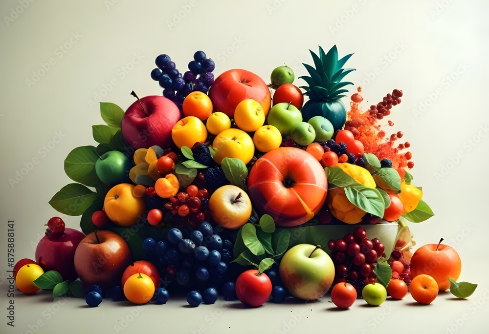 A vibrant and colorful arrangement of various fresh fruits including apples, oranges, lemons, pomegranates, and berries, creating a dynamic and visually striking composition A vibrant and colorful arrangement of various fresh fruits including apples, oranges, lemons, pomegranates, and berries, creating a dynamic and visually striking composition