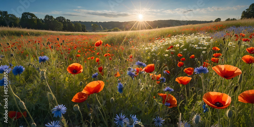 Vibrant Wildflowers Blooming in Summer Sunlight, daisy, chamomile, poppies, cornflowers, wildflowers, field, nature
