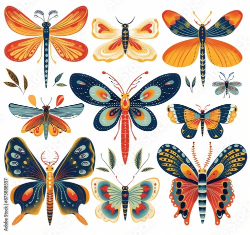 Colorful Collection of Illustrated Insects Featuring Butterflies, Moths, and Dragonflies in Bright and Cheerful Designs © Viktoriia