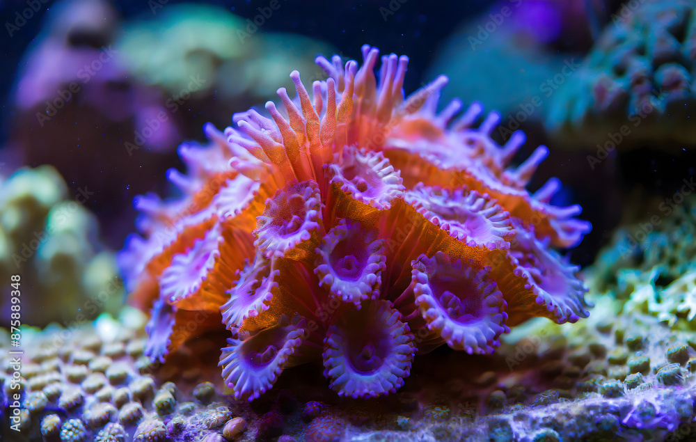 Macro photography of ACANTHASTREA ECHINATA coral in reef aquarium under blue light .Selectiv. Generative AI. Macro photography of ACANTHASTREA ECHINATA coral in reef aquarium under blue light .Selectiv. Generative AI.