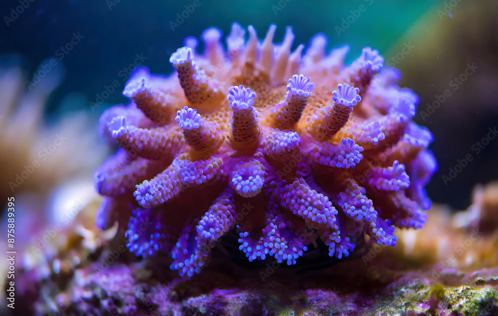 Fototapeta premium Macro photography of ACANTHASTREA ECHINATA coral in reef aquarium under blue light .Selectiv. Generative AI.